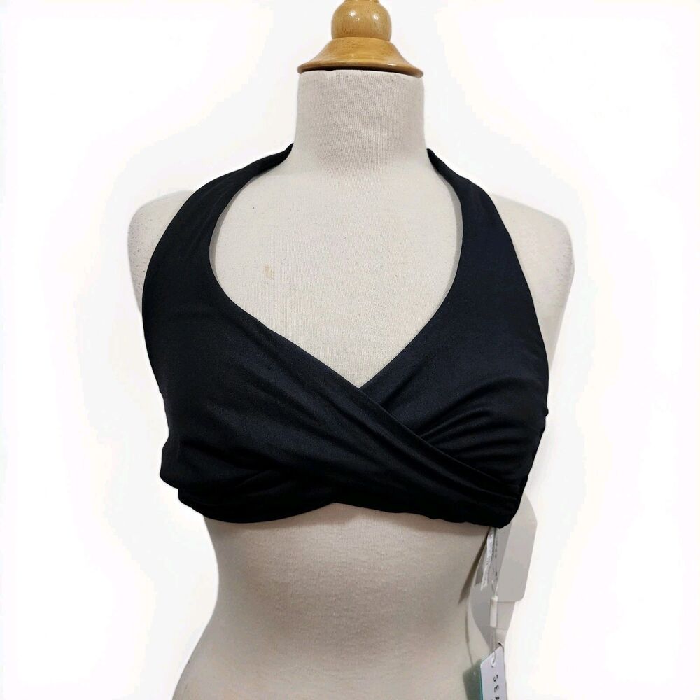 Seafolly D Cup Twist Halter Bikini Top Back Ties Wrap Style Black Size 8 Lined